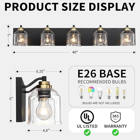 Vanity Lights for Bathroom Large 40", Farmhouse Rustic Vanity Light with Bubble Glass Shades, Black and Gold 5 Light Bathroom Lighting Fixtures Over Mirror, Bath Wall Sconce Home Decor