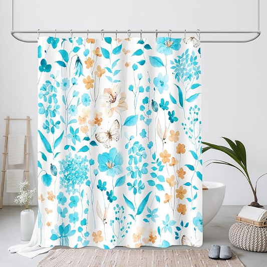 Aqua Blue Floral Shower Curtain, Cute Flower Fabric Shower Curtains for Bathroom, Teal Watercolor Wildflower Butterfly Cloth Shower Curtain Set with Hooks, 72x72
