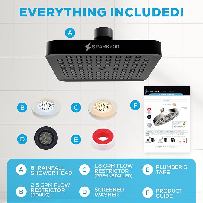 SparkPod Rain Shower Head, 6 Inch Square, Midnight Black Matte Finish | High Pressure Shower Heads, 90 Nozzles, Adjustable Showerhead, No Tools Needed, Universal Connection