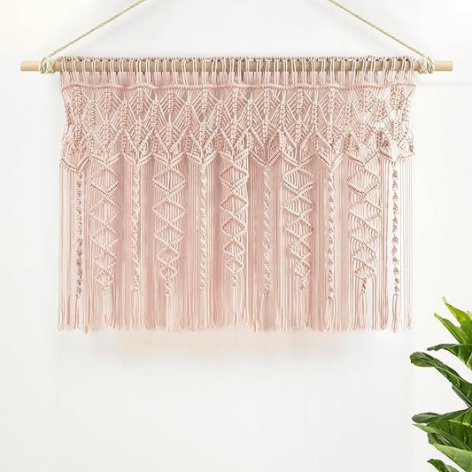 Lush Decor Boho Macrame Textured Cotton Valance, 40" W x 30" L, Blush - Boho Kitchen Curtains & Wall Decor - Macrame Valance - Bathroom Window Curtains