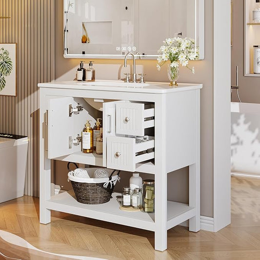 Tribesigns 36" Modern Bathroom Vanity with Sink, Freestanding Bathroom Vanities Cabinet Combo, Bathroom Sink Cabinet with 2 Doors and 1 Drawer, Solid Wooden Frame, White