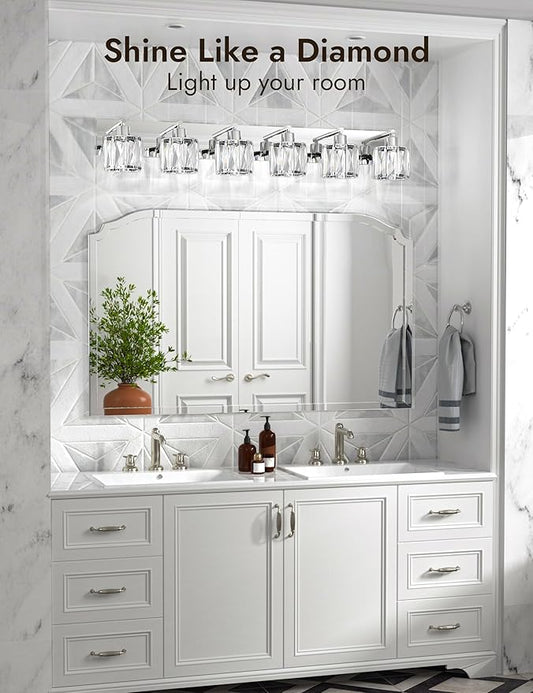 VOLISUN Crystal Vanity Lights - 6 Light Modern Stainless Steel Bathroom Light Over Mirror, Chrome Finish - UL Certificated (Exclude Bulb)
