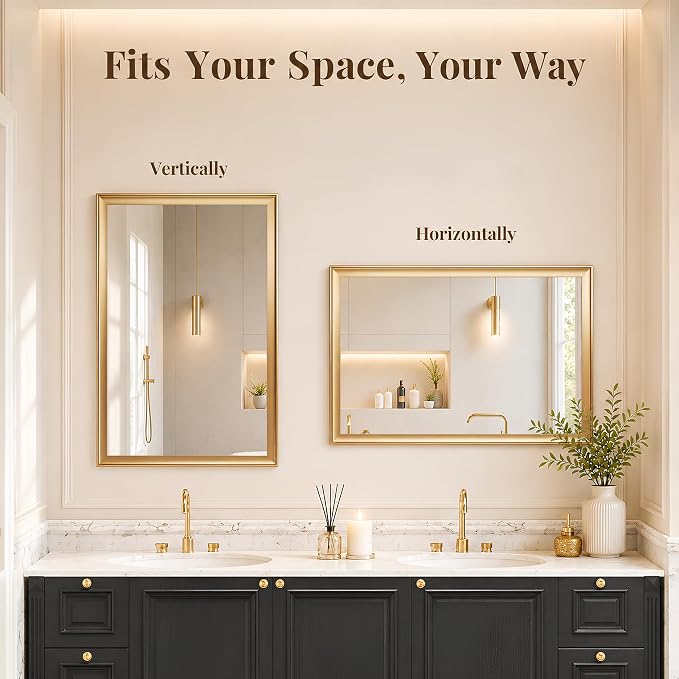 2 Pack 24x36 Inch Brushed Gold Bathroom Mirrors for Over Sink | Curved Aluminum Frame Rectangle Vanity Mirror Set for Double Sink, HD Tempered Glass, Anti-Rust, Horizontal or Vertical