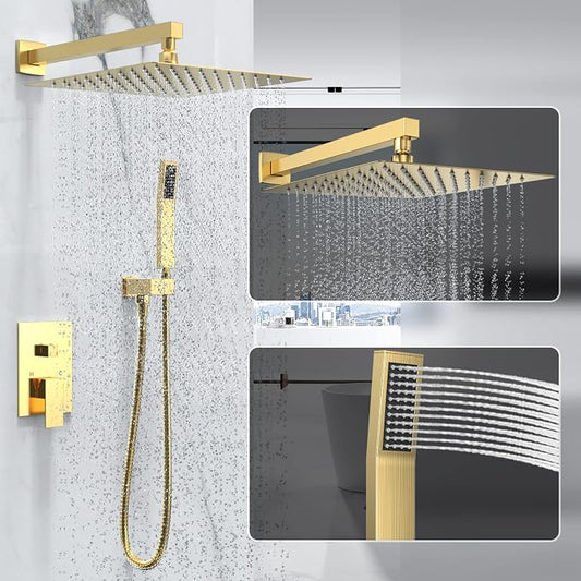 Brushed Gold Rain Shower System Faucet Set with Handheld, 10 inch | Solid Metal Wall Mount Rainfall Shower Set with Safe Anti-Scald Valve, Air Injection High Pressure Water Saving Combo