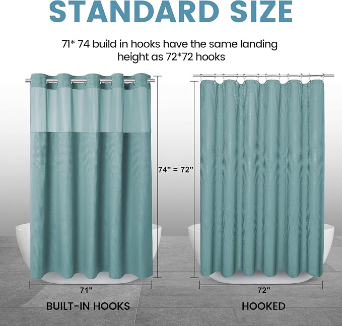 EUTXL Heavyweight Waffle No Hook Shower Curtain with Liner, Teal, 71x74 | Snap in Liner, 256GSM, Thick, Hotel Luxury Spa, Waterproof Fabric, Corner Magnets, 3 in 1 Set, Washable, Hang in Seconds