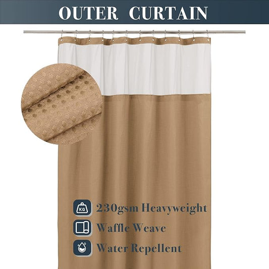 N&Y HOME Waffle Weave Shower Curtain with Snap-in Liner Set 71x72, Coffee | 12 Metal Hooks Included, Snap on Fabric Liner, Mesh Window, Washable, Hotel Style Shower Curtain Set for Bathroom