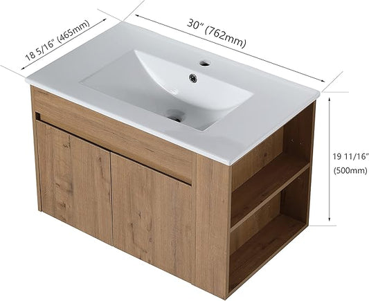 Goujxcy 30" Wall Mounted Bathroom Vanity with Sink, Modern Floating Bathroom Cabinet with White Ceramic Basin and Storage Cabinet/Shelf, Soft-Closing Door Wood Hanging Bath Room Cabinets