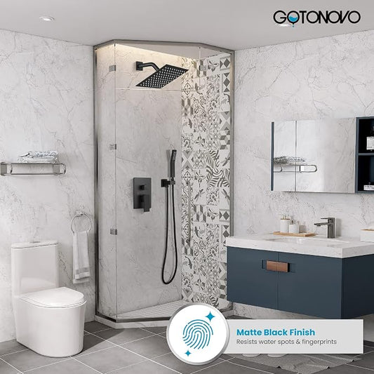 gotonovo Shower Faucet Set with Handheld Spray Matte Black,8'' Head | SUS304 Rainfall Shower Head and Handle Set System Fixture,Pressure Balance Valve Trim Kit,Single Handle,Wall Mount,All Metal