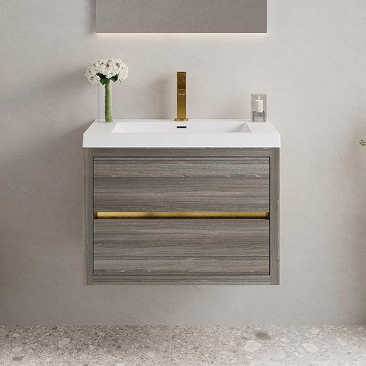 Abruzzo 30" Ash Grey Wall-Mounted Bathroom Vanity with Sink Stone Resin Countertop & Soft-Close Drawers, Waterproof Wood Cabinet for Small Bathrooms