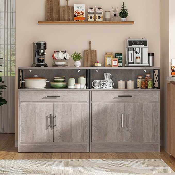 Shintenchi Kitchen Buffet Cabinet with Adjustable Shelf, Modern Kitchen Storage Cabinet,Farmhouse Coffee Bar Cabinet(Ash Grey)