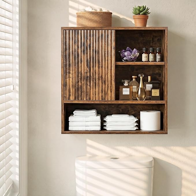 Farmhouse Bathroom Wall Cabinet Wooden Fluted Medicine Cabinet Rustic Brown | FerniTry Over Toilet Storage Cabinet with Adjustable Shelf, Wood Wall Mounted Storage Cabinet Organizer