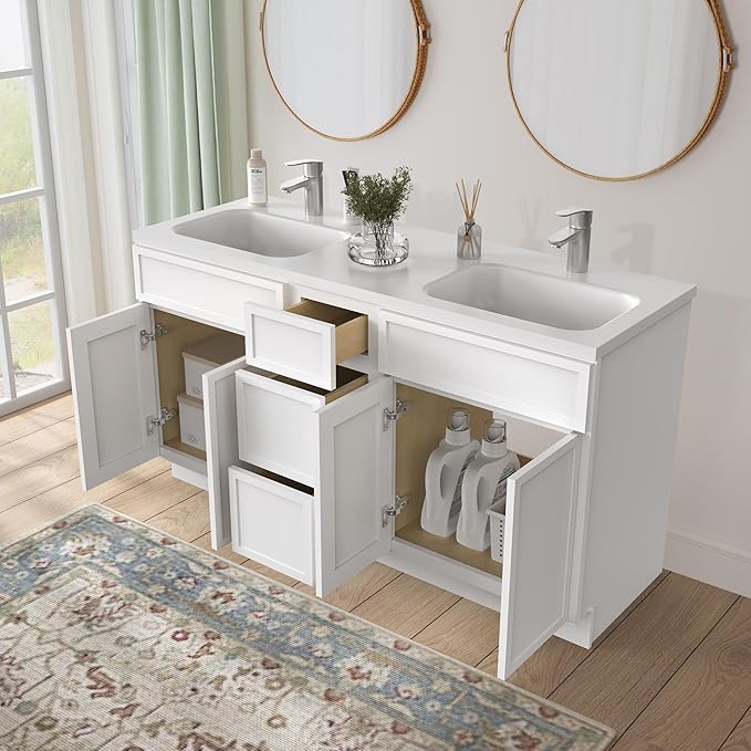 HomeBeyond 60 Inches Bathroom Vanity Base Cabinet Without Sink, Double Sink Top Sturdy Floor Mounted Cabinet with Door & Soft Closing Drawers, White, VA4124-2+VA4112-3