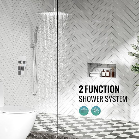 SR SUN RISE SRSH-C1003 Ceiling Mount Bathroom Luxury Rain Mixer Shower Combo Set Rainfall Shower Head System 10 Inch Polished Chrome (Contain Shower Faucet Rough-In Valve Body and Trim)