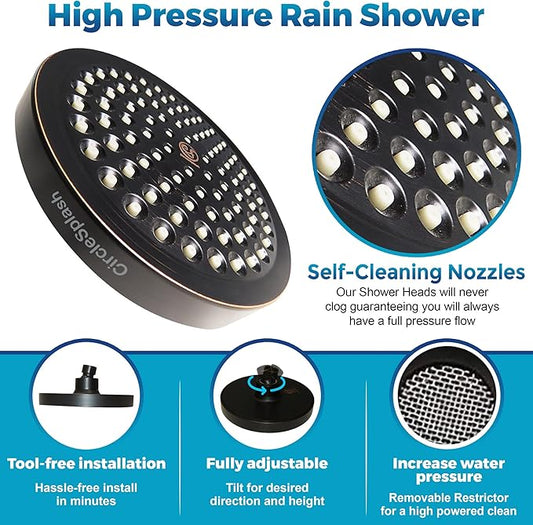 Shower Head - High Pressure 2.5 GPM - Oil Rubbed Bronze | Anti-clog silicone nozzles, removable restrictor, easy-clean fixed replacement