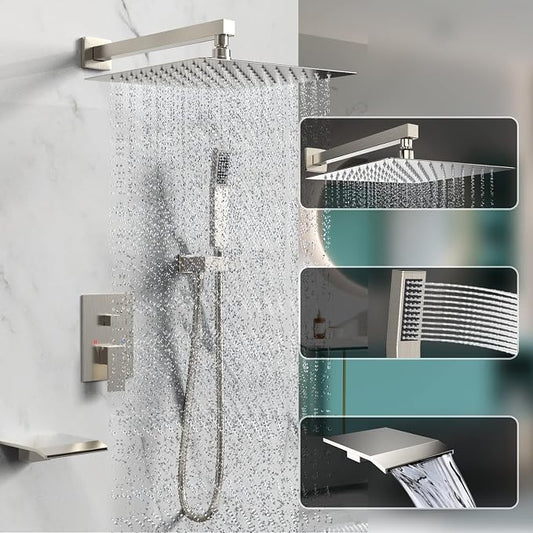 Brushed Nickel Shower System Rain Faucet Set with Tub Spout,12 inch | All-Metal Wall Mounted Bathroom Shower Faucet Set with Safe Pressure Balance Valve, Water Saving High Pressure Rainfall Head