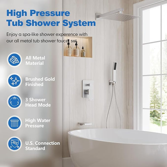 Brushed Nickel Shower System with Tub Spout and 10-Inch Shower Head | All Metal BathTub Shower Faucet Set, Wall Mounted Bathroom Rain shower head and handheld set with Valve and Trim Kit
