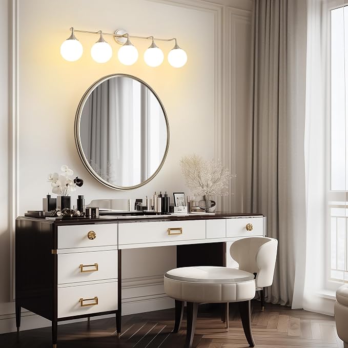 Brushed Nickel Bathroom Light Fixtures Over Mirror Vanity 5-Light | Mid Century Modern Brushed Nicke Wall Sconce with Milky White Glass Ball Shades for for Bathroom Dressing Table Bedroom