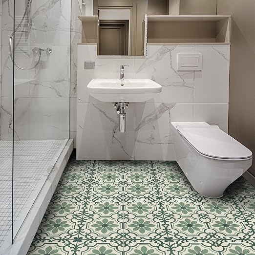 Green Vintage Floral Peel and Stick Floor Tiles 12x12 Inch 10PCS | Green and cream vintage floral scroll pattern vinyl floor stickers for kitchen bathroom entryway and indoor home decor