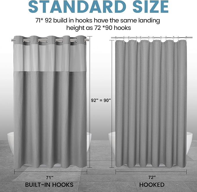 EUTXL Heavyweight No Hook Shower Curtain with Liner, Grey,71x92 | Snap in Liner, 256GSM Thick Waffle Fabric, Hotel Luxury Spa, Corner Magnets, Quick Dry, Waterproof & Washable, Extra Tall