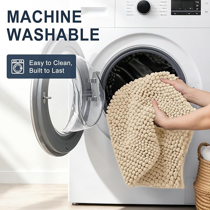 Smiry Thick Chenille Large Bathroom Runner Rugs 47x32, Soft Bath Mat, Beige | Quick‑Dry & Machine Washable, Non‑Slip Bath Carpet, Striped Bath Rugs for Tub & Shower, Modern Home Decor Accessories