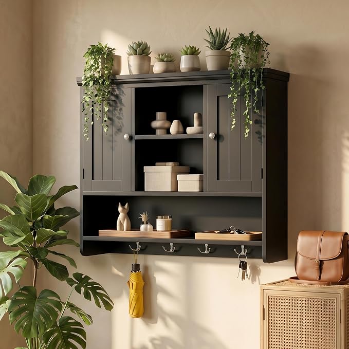 Bathroom Wall Cabinet with Doors and Hooks, 3-Tier Wall Mounted Cabinet | Modern Medicine Cabinet with 3 Open Shelves, Over the Toilet Storage Cabinet for Kitchen, Laundry Room, Living Room, Black