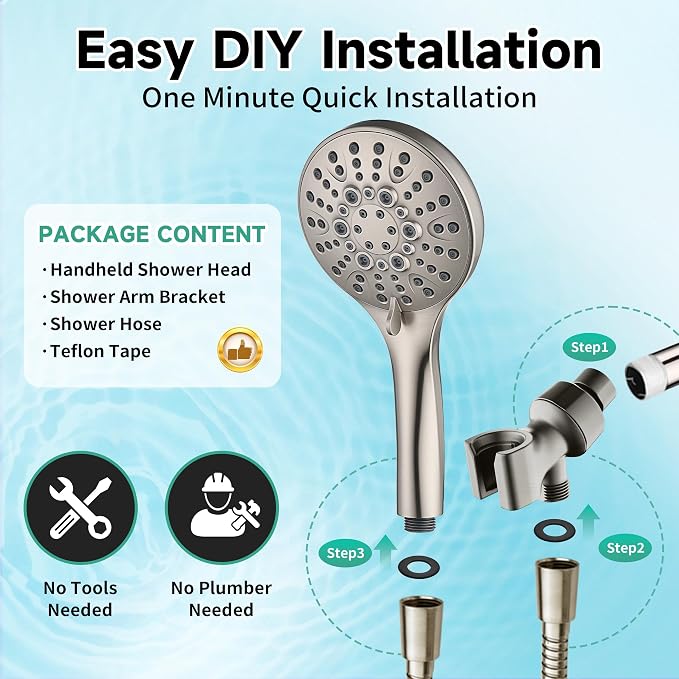 BRIGHT SHOWERS High Pressure Shower Head with Handheld, 9 Spray Settings Showerhead Built in Power Wash to Clean Tub and Pets, Extra Long 69" Hose, Adjustable Bracket, Brushed Nickel