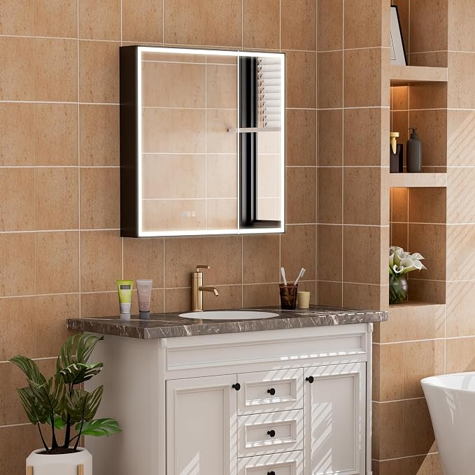30" X 30" LED Mirrored Medicine Cabinet, Bathroom Medicine Cabinets with Lights for Bathroom, Defogging Function Mirror Cabinet, Medicine Cabinet with USB Port & Outlet, Double Doors