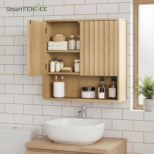 Bathroom Wall Storage Cabinet with Fluted Doors, Medicine Cabinet with Adjustable Shelf, Over The Toilet Storage Cabinet for Laundry Room & Kitchen & Living Room, Natural Oak