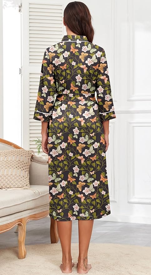 PrinStory Robes for Women 3/4 Sleeve Long Bath Robe XS-4XL | V-Neck Knit Bathrobe with Pockets, Lightweight, Soft, Breathable Robes for Shower, Spa, Travel, Home, Party, Nursing
