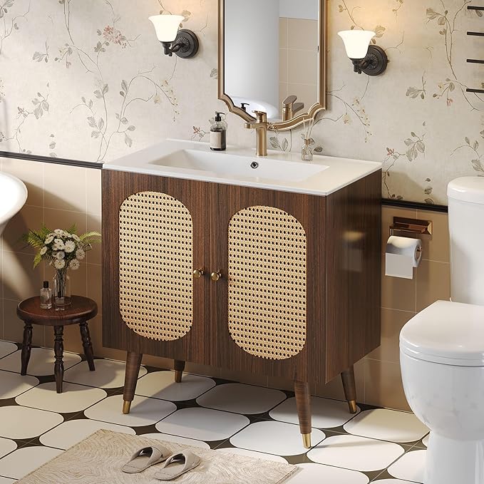DWVO 36 Inch Rattan Vanity with Sink | Freestanding Bathroom Vanity Cabinet, Boho Style with 2 Large Soft‑Closing Doors & Four‑Sided Water Barrier Strip, Walnut