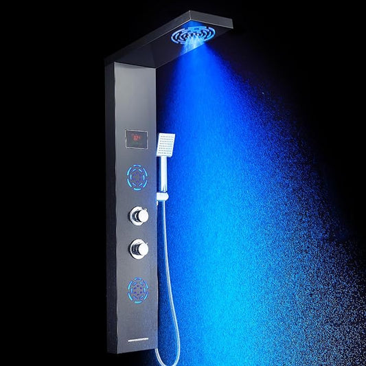POPFLY Shower Panel Tower, Water Powered LED Mist & Rain Shower System | 2 Massage Body Jets with LED, Tub Spout and Temperature Display, Water Powered Led Shower Tower Column Stainless Steel, Black