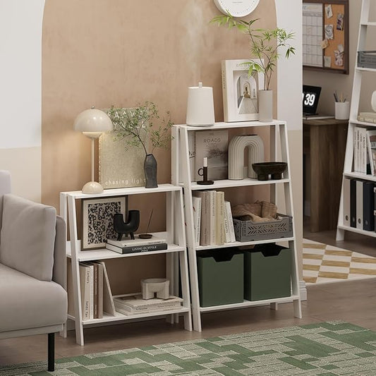 Furinno Ladder Book Shelf, 4-Tier Ladder Shelf, Open Design Bookshelf, Display Storage Bookcase, 10.9" x 23.6" x 38.4", Living Room, Home Office, White