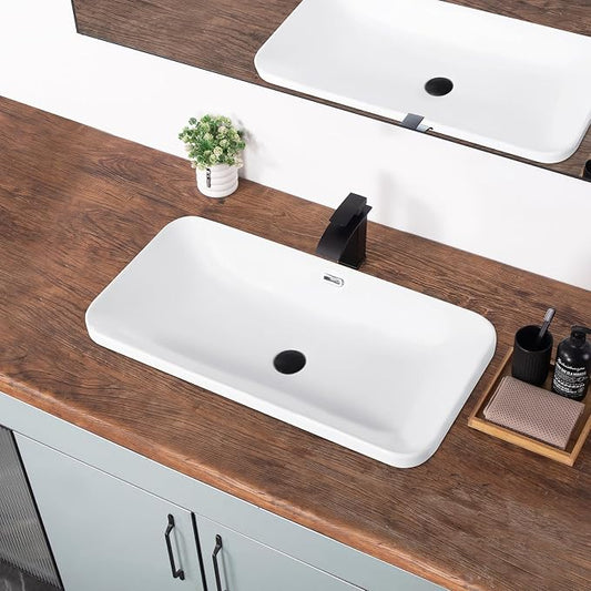 Bathroom Vessel Sink 31.5" X 16.5" Semi Recessed Bathroom Sink White | Drop In Bathroom Sinks with Overflow Rectangular Ceramic Vessel Sinks for Bathroom Modern Above Counter Basin Vanity Sink
