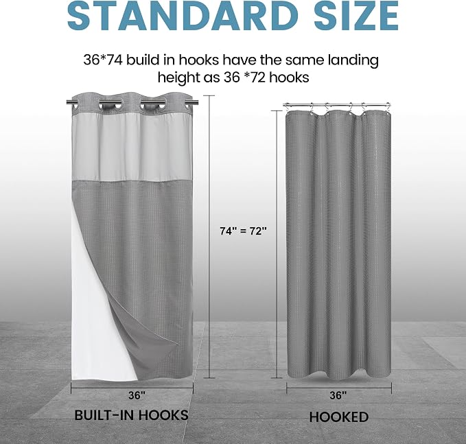 EUTXL Heavyweight No Hook Shower Curtain with Liner, Grey, 36x74 | Snap in Liner, Thick Waffle Fabric, Hotel Quality, Corner Magnets, Waterproof & Washable