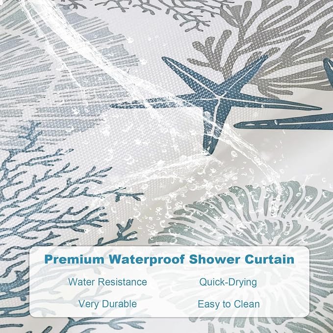 Modern Ocean Rustic Shower Curtain, Coastal Summer Aesthetic Unique Seashell Shower Curtains for Bathroom, Waterproof Bath Curtain with Hooks Machine Washable Bathtub Curtains 72x72 Inch Blue