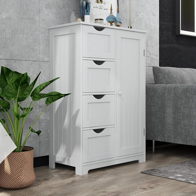 Giantex Bathroom Storage Cabinet with Drawers - 4 Drawer Storage Organizer w/Cupboard, Adjustable Shelf, Anti-Toppling Device, Entryway Storage Unit Console Table, Bathroom Floor Cabinet (White)