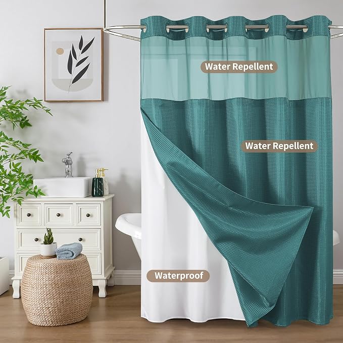 Colorful Star Seaweed Green No Hook Waffle Shower Curtain Set, 72"W x 75"L | Snap-In Fabric Liner, Mesh Top Window, Heavy-Duty Waffle Fabric, Waterproof Hotel Style Shower Curtain for Bathroom