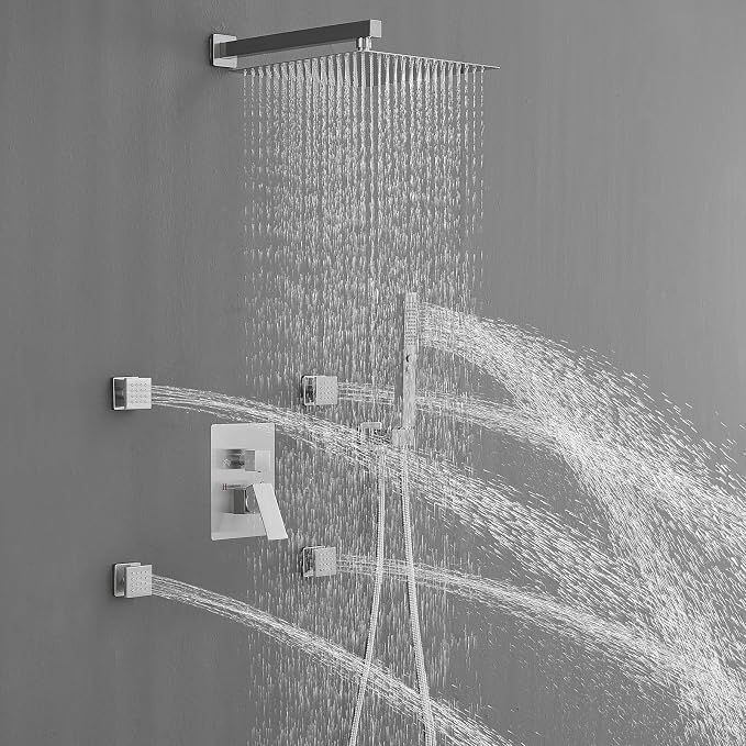 RUMOSE Rainfall Shower System with 4 Full Body Jet 4 Mode Shower Faucet Set | 12 Inch Rain Shower Head, 2 in 1 Handheld Spray, Brushed Nickel Brass Shower Jet Shower Fixtures, Wall Mounted