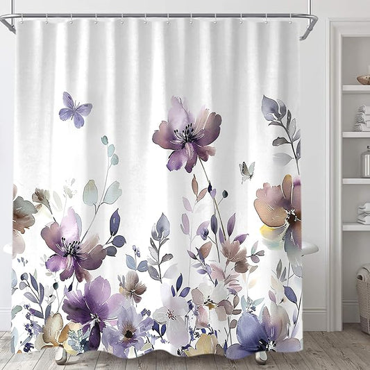 Sanzugh Purple Floral Shower Curtain, Cute Boho Watercolor Flower Wildflower Leaves Butterfly White Fabric Shower Curtains Set for Bathroom Decorative with Hooks 72 X 72 inch Spring Bath Decor