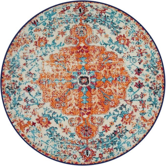 Lahome Washable Round Rugs 5'3"ft, Bohemian Orange Circle Rugs for Living Room, Entryway Round Area Rug, Floral Medallion Soft Non Slip Nursery Carpet for Bedroom Dining Coffee Table