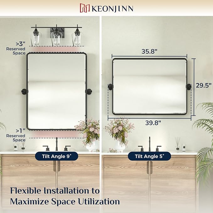 Keonjinn 30x36 Inch Black Povit Mirror for Bathroom, Tilt Mirror | Tenmpered Glass, Rectangle, Adjustable Bathroom Mirrors for Over Sink, Farmhouse, Metal Framed, Horizontal/Vertical