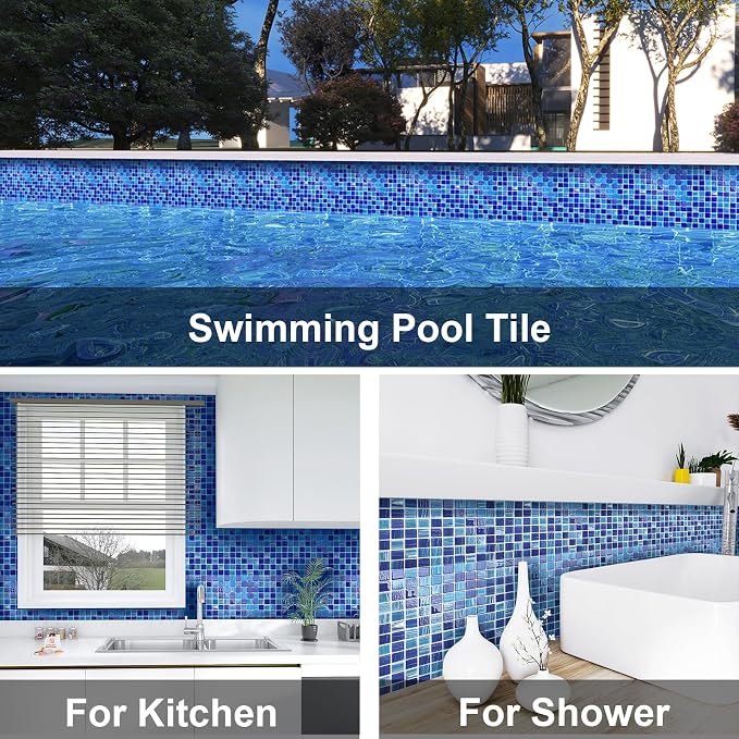 LSDECO 5 Sheets Glass Mosaic Tiles Backsplash, Pool Tiles, 12" x 12" Kitchen Backsplash Tile, Glass Tiles for Bathroom Border Shower Wall (5 Sq.Ft Cobalt Blue)