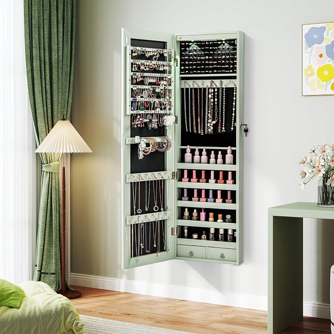 LDAILY Jewelry Armoire Wall or Door Mounted, Full-Length Mirror with Storage, Lockable Mirror Jewelry Cabinet w/ 2 Drawers, LED Lights, Over the Door Jewelry Organizer Box for Women Girls