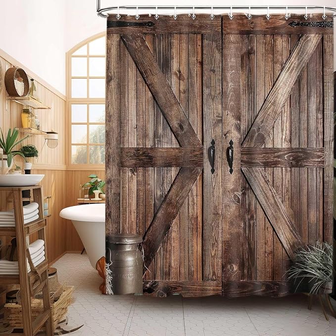 Rustic Barn Door Shower Curtain for Bathroom, Retro Countryside Wood Board Bathroom Decor Curtain Sets, Art Vintage Extra Long Famhouse Western Bath Curtains with Hooks,70X75IN