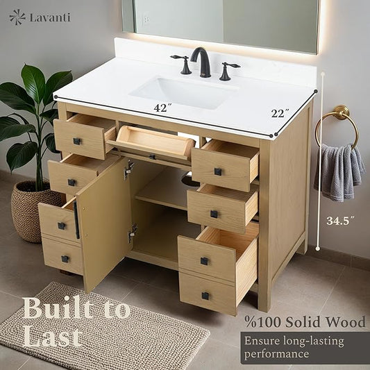 Lavanti Oakford 42 Inch Bathroom Vanity with Sink – Stylish Firwood Oak Vanity Bathroom with Storage Cabinet – Modern Bathroom Vanities with Single Vanity Sink & Quartz Countertop