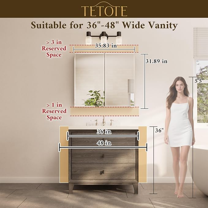 36 x 32 Bathroom Mirror Cabinet with Tempered Beveled Mirror Silver Medicine Cabinet Aluminum Cabinet DTC Hinges, Stepless Adjustable Shelves, Recessed/Surface-Mounted