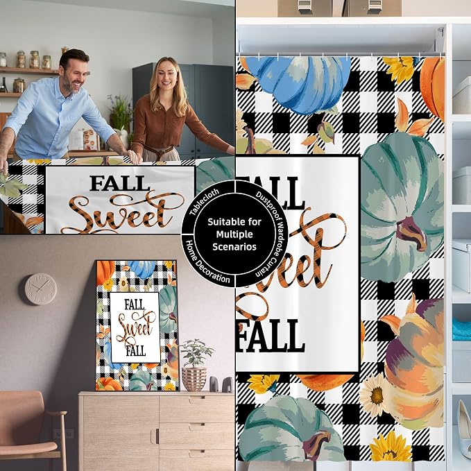 Fall Pumpkin Harvest Autumn Shower Curtain for Bathroom 72W*72H Inch Thanksgiving Rustic Black White Buffalo Plaid Maple Bathtub Autumnal Decor Waterproof Polyester Fabric Set with 12 Hooks
