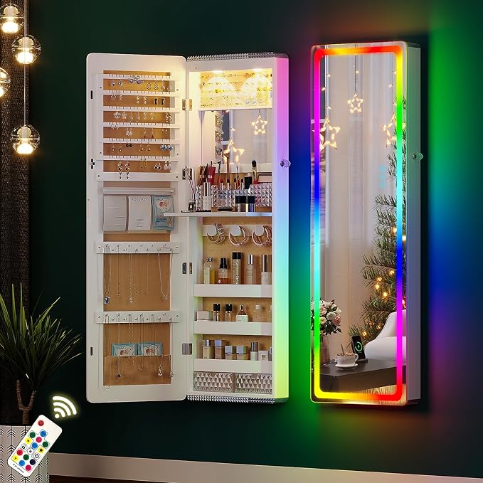 HNEBC Full Length Mirror with Storage, Wall Mounted Jewelry Cabinet with RGB Lights & Remote, Lockable Over Door Jewelry Organizer with Drawer, Foldout Makeup Tray 47.2" Hx14.5 Wx3.9 D, White