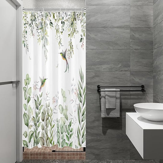 HVEST Sage Green Eucalyptus Shower Curtain for Bathroom, Spring Green Leaf and Pink Floral with Hummingbird on White Shower Curtain with Hooks Botanical Bathroom Curtains Shower Set, 48W X 72L inches