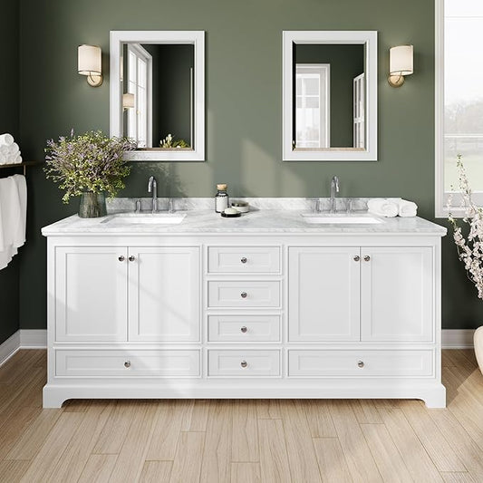 Wyndham Collection Deborah 80 inch Double Bathroom Vanity in White, White Carrara Marble Countertop, Undermount Square Sinks, and No Mirror